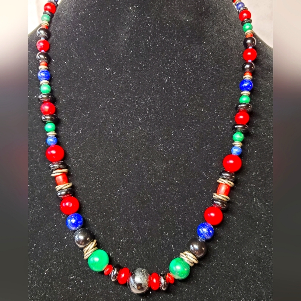 Meran South Africa RARE FIND Multi-Gem necklace 925SS Malachite Onyx Lapis